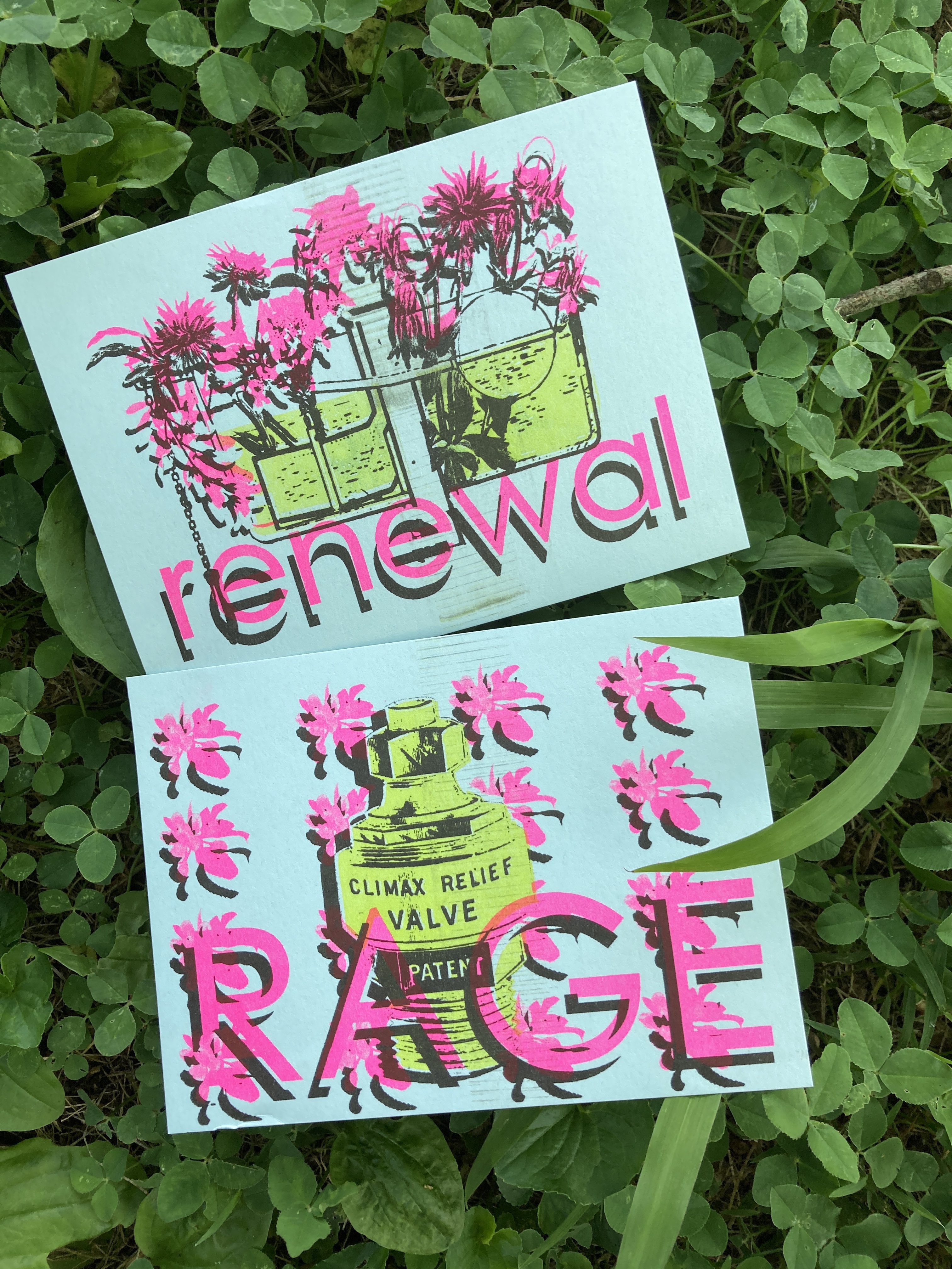 Two postcards in the grass. One says "rage" and has a floral background and a valve that says "climax relief valve." The other says "renewal" and shows flowers growing out of a toilet. Images are in black, neon pink, and neon green.